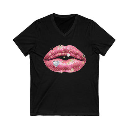 Designer Glam Pink Shimmer Lips I V-Neck Tee