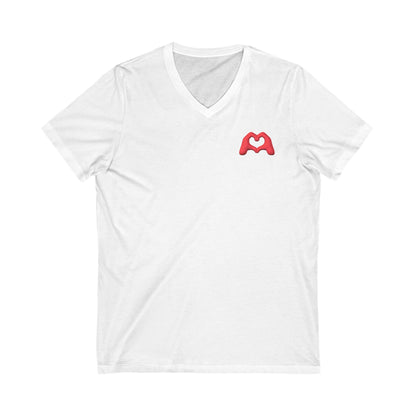 Red Hand Heart Unisex Jersey Short Sleeve V-Neck Tee