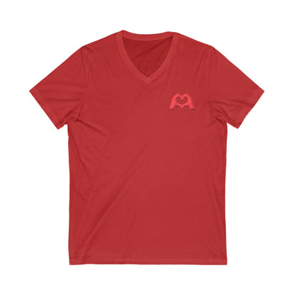 Red Hand Heart Unisex Jersey Short Sleeve V-Neck Tee