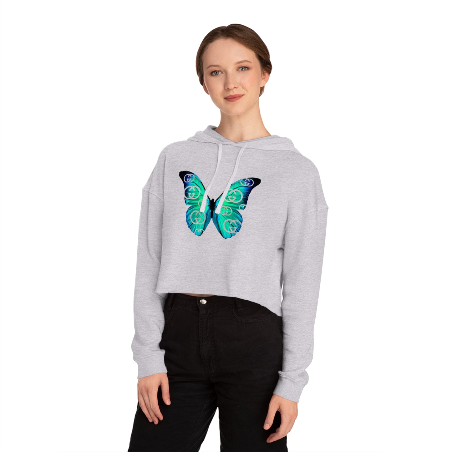 Designer Blue Green Butterfly Cropped Hoodie