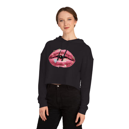 Designer Glam Pink Shimmer Lips I Cropped Hoodie