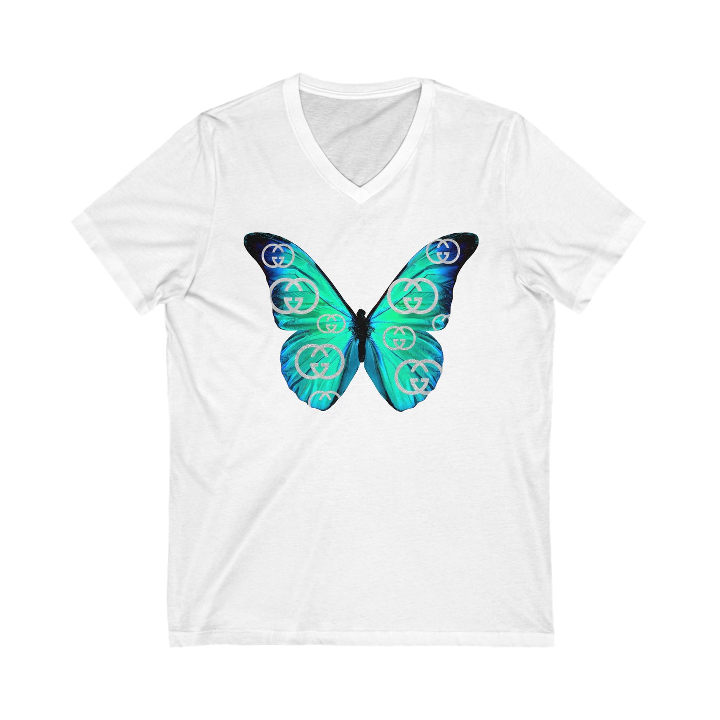 Designer Blue Green Butterfly V-Neck Tee