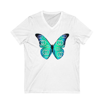 Designer Blue Green Butterfly V-Neck Tee