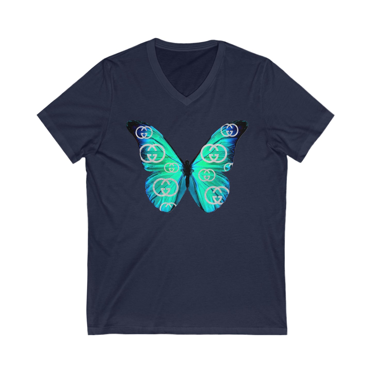 Designer Blue Green Butterfly V-Neck Tee