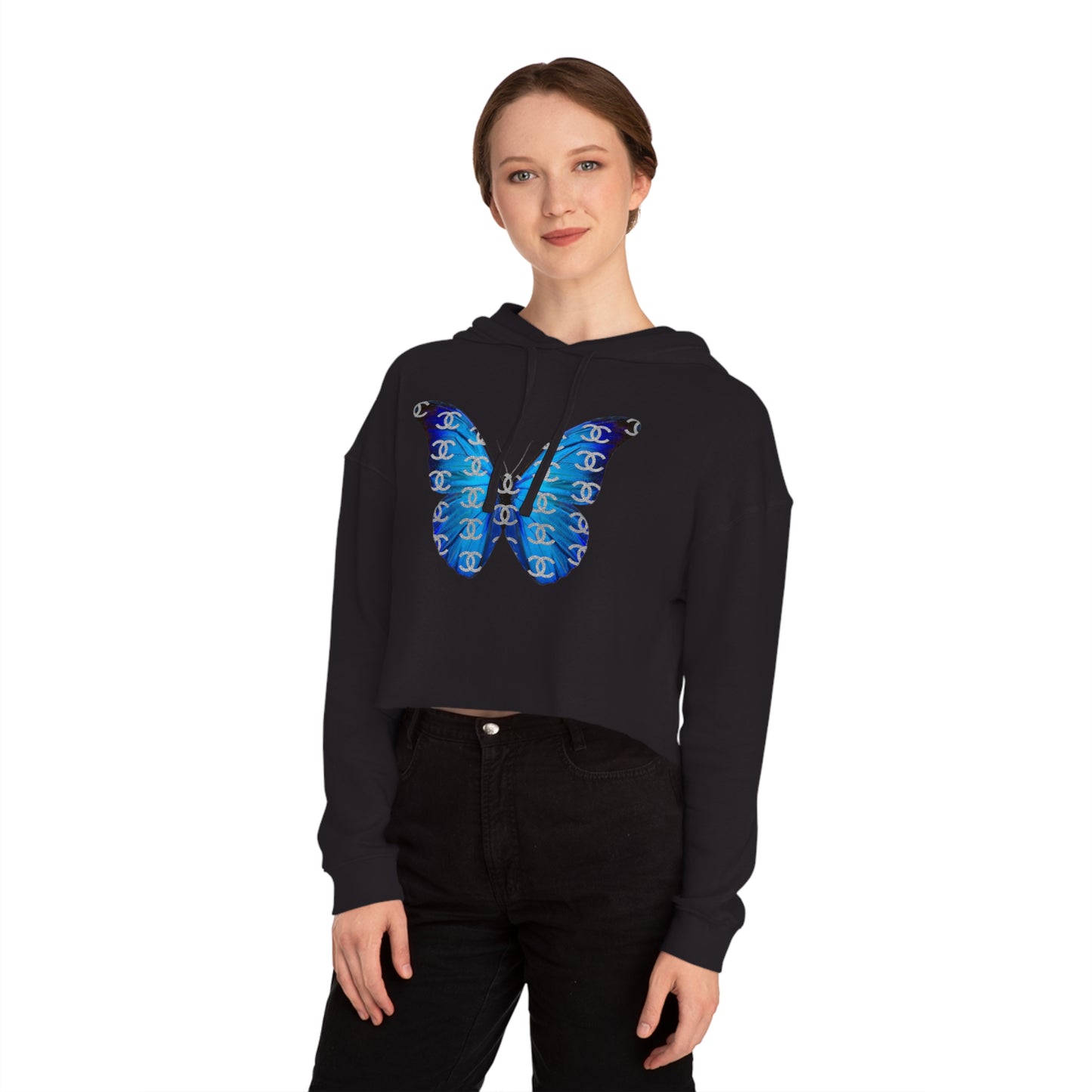 Designer Blue Butterfly Cropped Hoodie