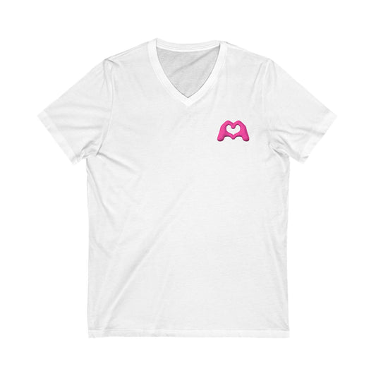 Pink Hand Heart Unisex Jersey Short Sleeve V-Neck Tee