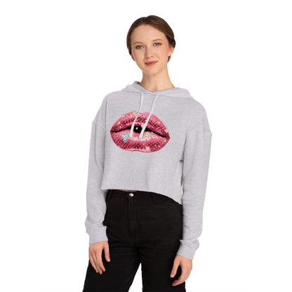 Designer Glam Pink Shimmer Lips I Cropped Hoodie