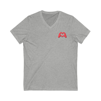 Red Hand Heart Unisex Jersey Short Sleeve V-Neck Tee