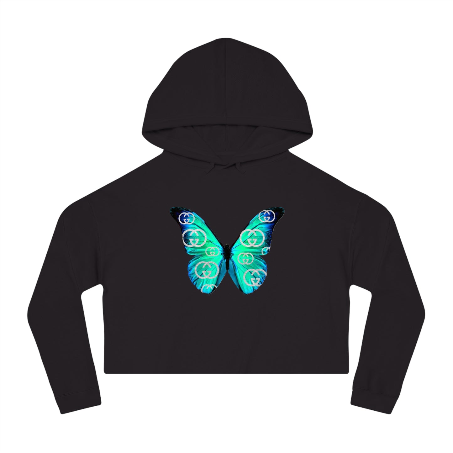 Designer Blue Green Butterfly Cropped Hoodie