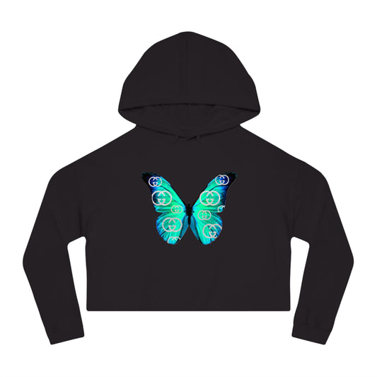 Designer Blue Green Butterfly Cropped Hoodie