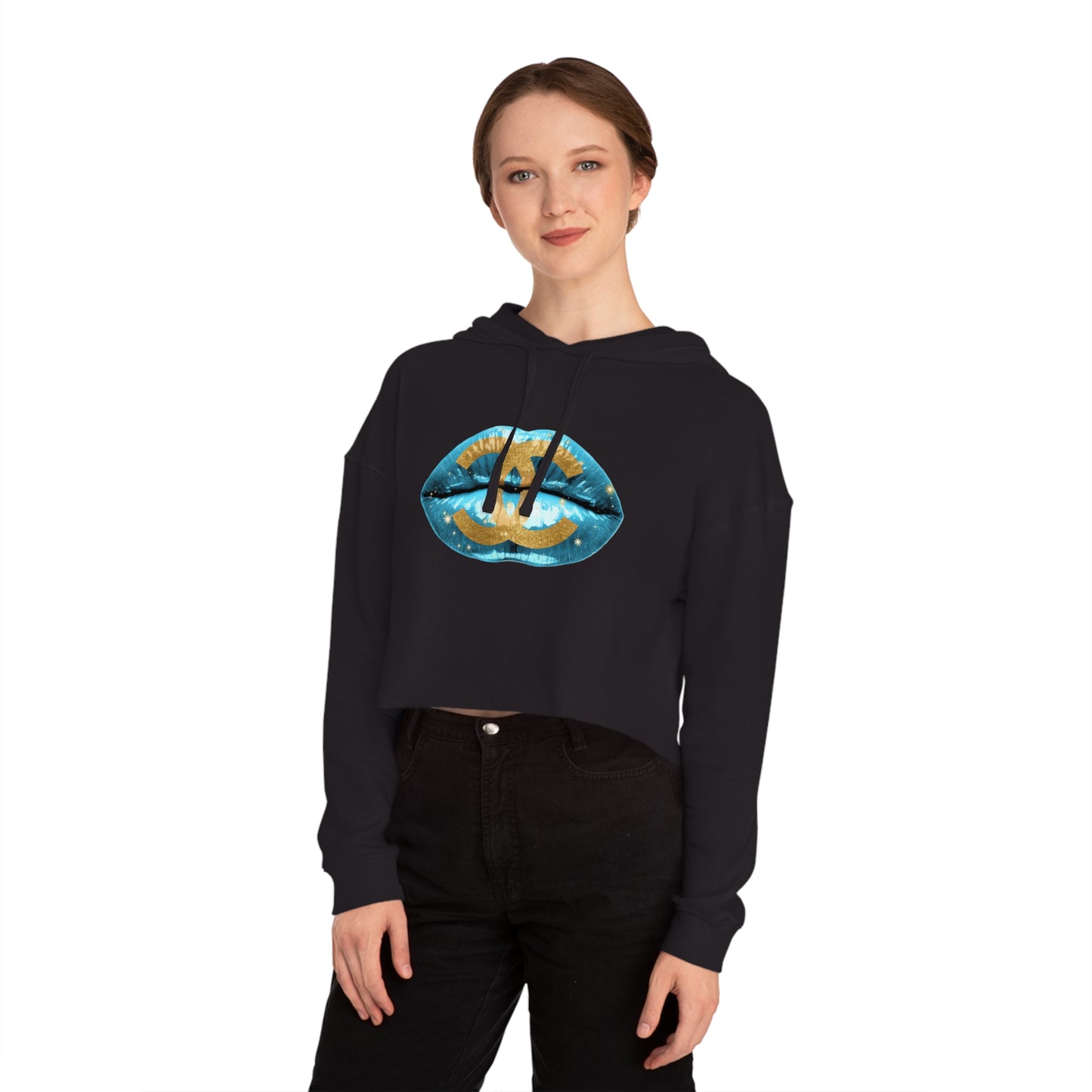 Designer Glam Blue Lips Cropped Hoodie