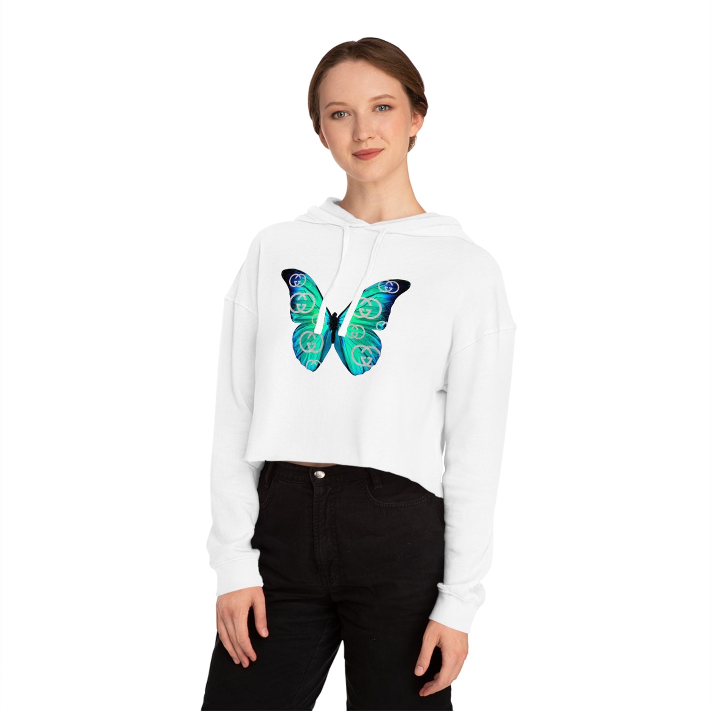 Designer Blue Green Butterfly Cropped Hoodie