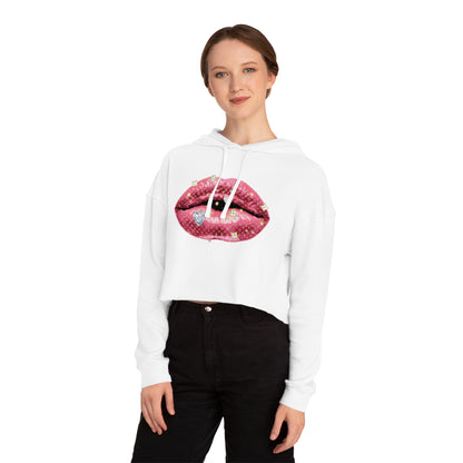 Designer Glam Pink Shimmer Lips I Cropped Hoodie