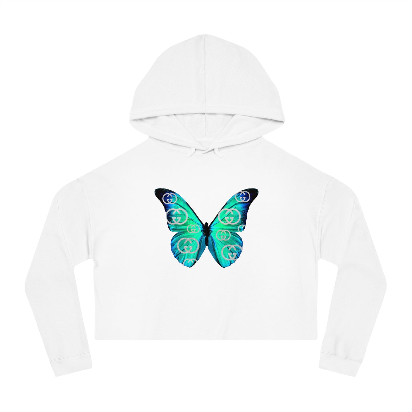 Designer Blue Green Butterfly Cropped Hoodie