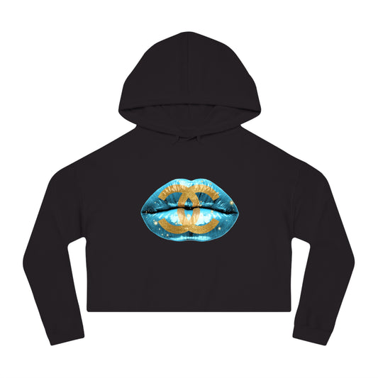 Designer Glam Blue Lips Cropped Hoodie