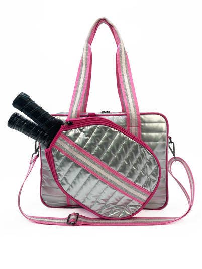 Puffer Style Pickleball Carry Bag Case Silver/Pink