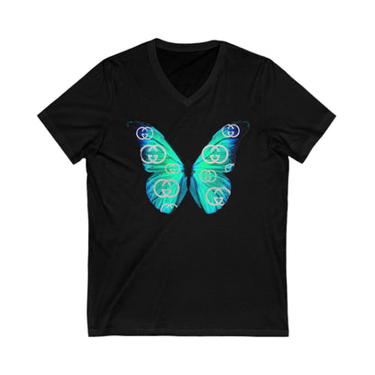 Designer Blue Green Butterfly V-Neck Tee