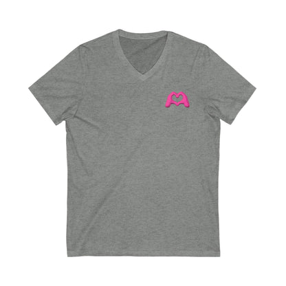 Pink Hand Heart Unisex Jersey Short Sleeve V-Neck Tee