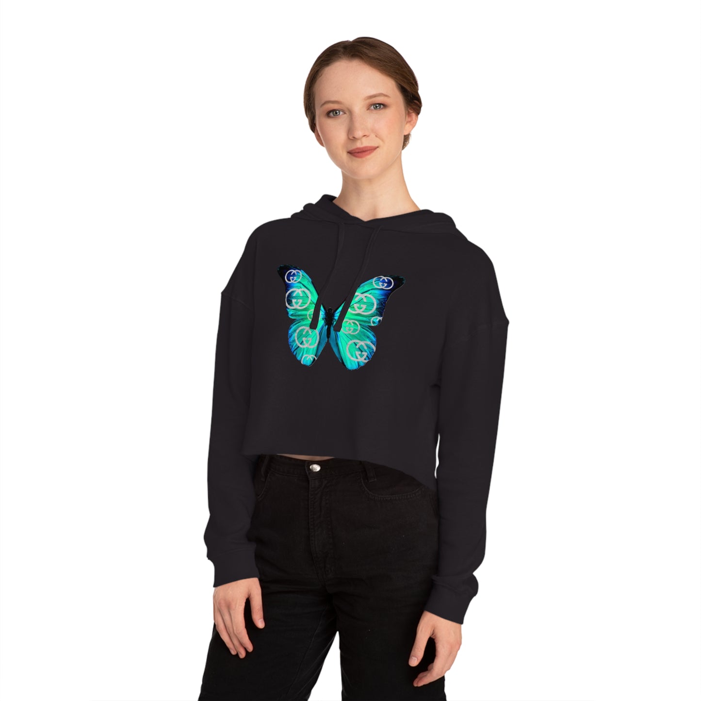 Designer Blue Green Butterfly Cropped Hoodie