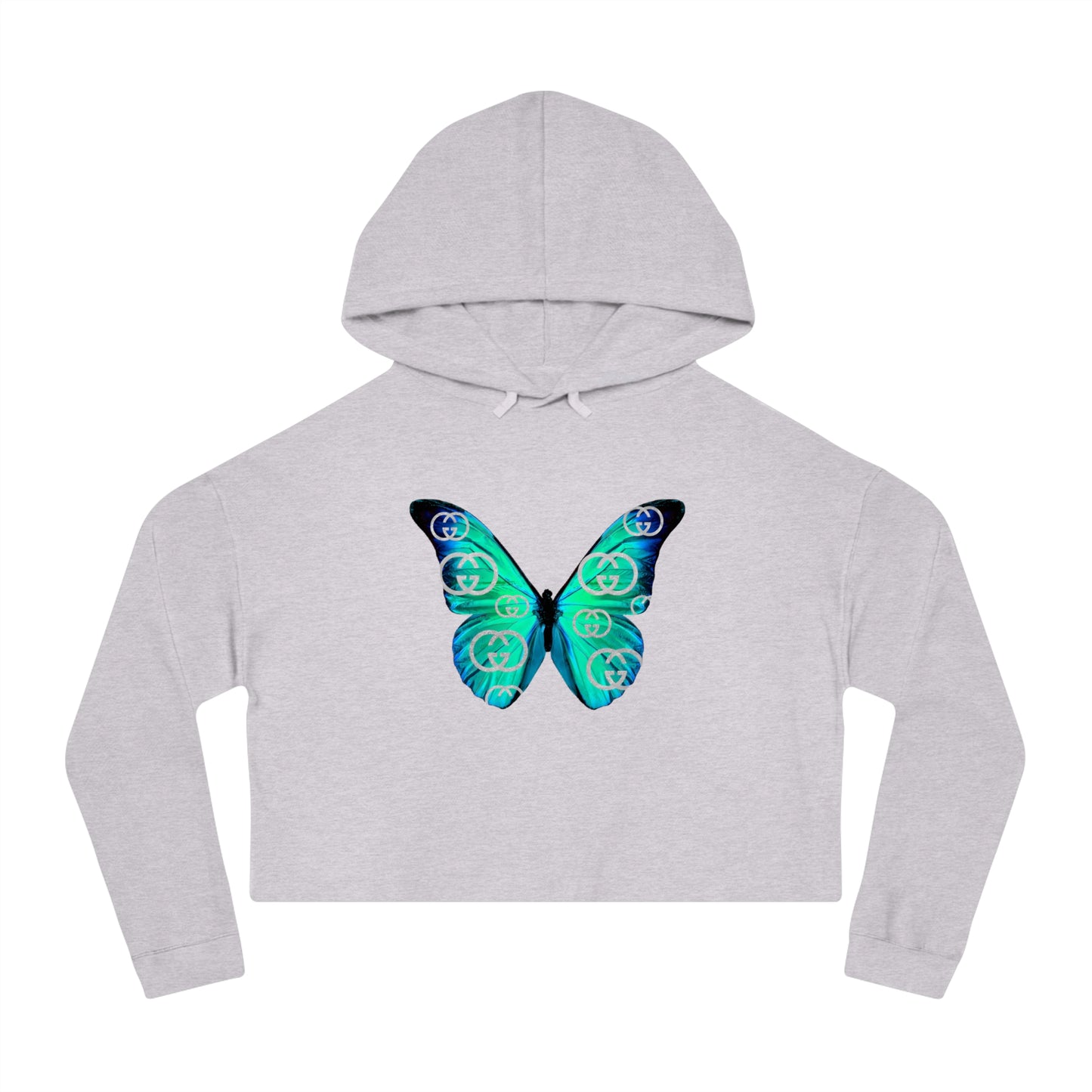 Designer Blue Green Butterfly Cropped Hoodie